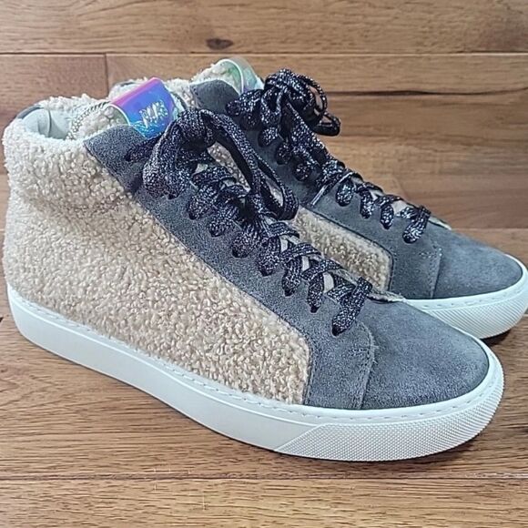 P448 Womens Star High Top Gray Suede Light Brown Sherpa Sneaker SIZE 37 6.5 to 7 - Picture 1 of 9